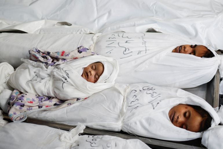 SENSITIVE MATERIAL. THIS IMAGE MAY OFFEND OR DISTURB Bodies of Palestinian children killed in an Israeli strike, amid the ongoing conflict between Israel and the Palestinian Islamist group Hamas, lie wrapped in white shrouds at Abu Yousef al-Najjar hospital in Rafah, in the southern Gaza Strip, January 11, 2024. REUTERS/Mohammed Salem