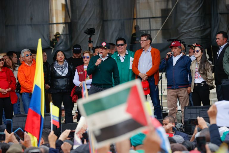 BOGOTA, COLOMBIA - MAY 1: President of Colombia Gustavo Petro speaks to crowd during the International Workers Day in Bogota, Colombia on May 1, 2024. Petro announced that he would sever diplomatic relations with Israel as of tomorrow due to the ongoing attacks on the Palestinian people in Gaza. (Photo by Juancho Torres/Anadolu via Getty Images)