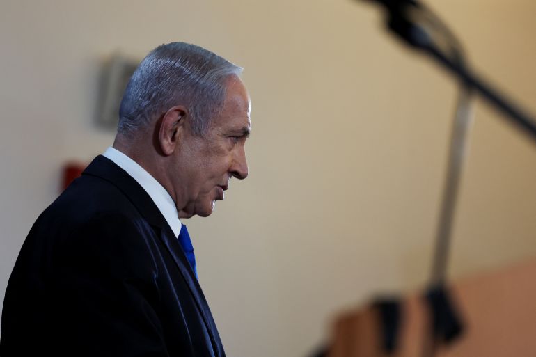 Israeli Prime Minister Benjamin Netanyahu speaks during a press conference amid the ongoing conflict in Gaza between Israel and Hamas, in Tel Aviv, Israel, July 13, 2024. REUTERS/Nir Elias/Pool