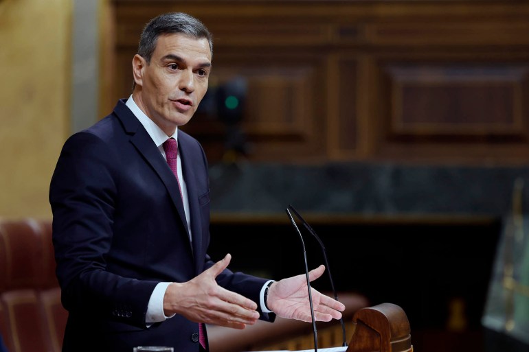 epa11269943 Spain's Prime Minister Pedro Sanchez speaks during question time at the Lower House in Madrid, Spain, 10 April 2024. Sanchez talked about relations with Morocco and his position about the conflict in Gaza during question time at the Lower House of Parliament, before a new tour around Europe to find support in recognizing Palestine as a State. EPA-EFE/MARISCAL