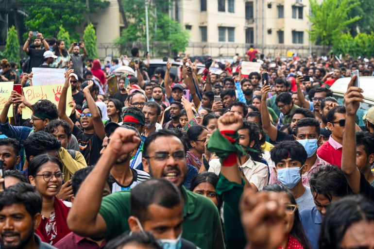 Anti-Discrimination Student Movement held a rally at Central Shaheed Minar in Dhaka on August 3, 2024, to demand justice for the victims killed in the recent countrywide violence during anti-quota protests. - Student leaders rallied Bangladeshis on August 3 for a nationwide civil disobedience campaign as Prime Minister Sheikh Hasina's government weathered a worsening backlash over a deadly police crackdown on protesters. (Photo by Munir UZ ZAMAN / AFP)