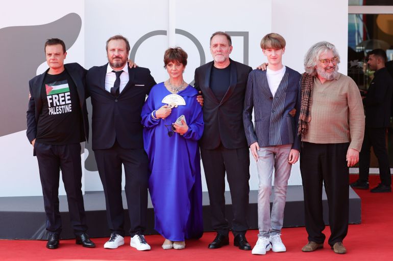 VENICE, ITALY - AUGUST 28: (L-R): Lino Musella, Giorgio Montanini, Laura Morante, Valerio Mastandrea, Justin Korovkin and Luca Lionello attends a red carpet for the movie "Nonostante" during the 81st Venice International Film Festival at on August 28, 2024 in Venice, Italy. (Photo by Andreas Rentz/Getty Images)