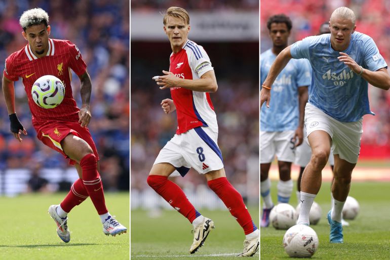 كومبو، من اليمين: رويترز Erling Haaland: MANCHESTER CITY Luis Diaz: LIVERPOOL Martin Odegaard :(ARSENAL