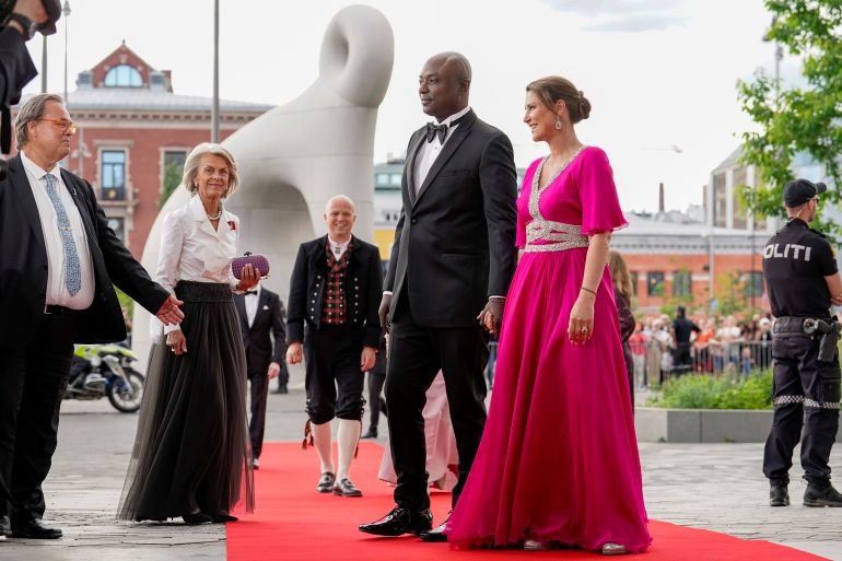 Norway's Princess Martha Louise and her fiance Durek Verrett arrive at the government's party event in connection with Princess Ingrid Alexandra's 18th birthday, which is held at Oslo's main library Deichman Bjoervika, in Oslo, Norway, June 16, 2022. Haakon Mosvold Larsen/NTB via REUTERS ATTENTION EDITORS - THIS IMAGE WAS PROVIDED BY A THIRD PARTY. NORWAY OUT. NO COMMERCIAL OR EDITORIAL SALES IN NORWAY.