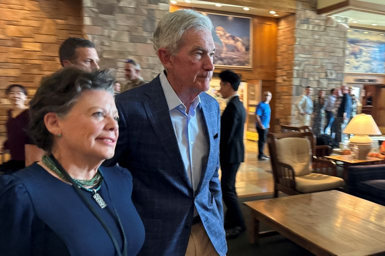 Federal Reserve Chair Jerome Powell heads into the opening dinner at the Kansas City Fed’s annual economic symposium in Jackson Hole, Wyoming on August 22, 2024. REUTERS/Ann Saphir