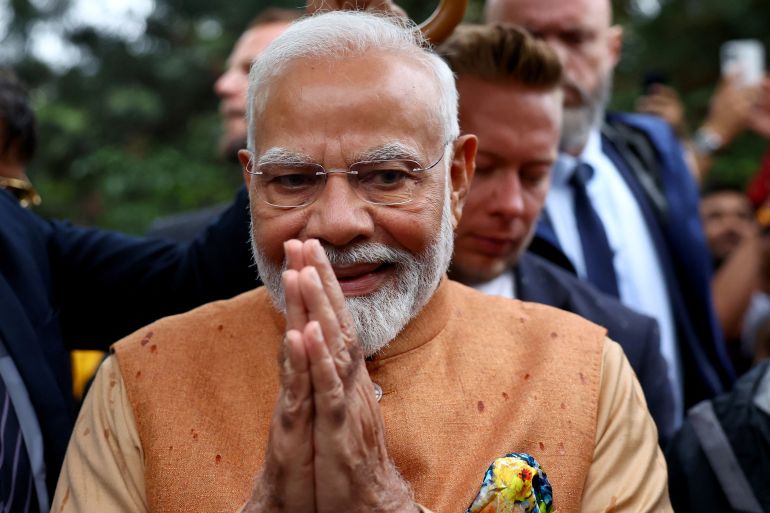 India's Prime Minister Narendra Modi attends a wreath laying ceremony at the Monument to the Good Maharaja, Maharaja Jam Sahib of Nawanagar, in Warsaw, Poland, August 21, 2024. REUTERS/Kacper Pempel