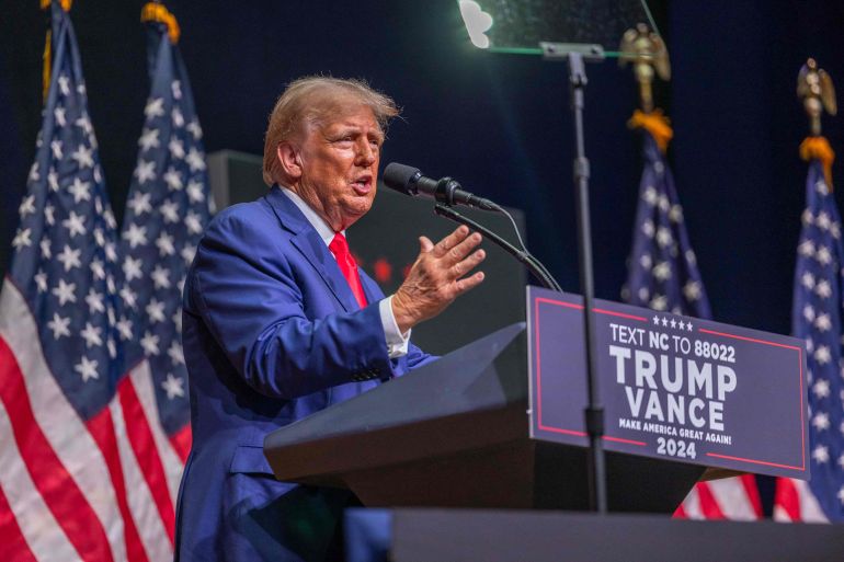 ASHEVILLE, NORTH CAROLINA - AUGUST 14: Republican presidential nominee former President Donald Trump speaks at a campaign event at Harrah's Cherokee Center on August 14, 2024 in Asheville, North Carolina. Trump will speak on the economy as the presumptive Democratic nominee Vice President Kamala Harris surges in the polls in swing states. Grant Baldwin/Getty Images/AFP (Photo by Grant Baldwin / GETTY IMAGES NORTH AMERICA / Getty Images via AFP)