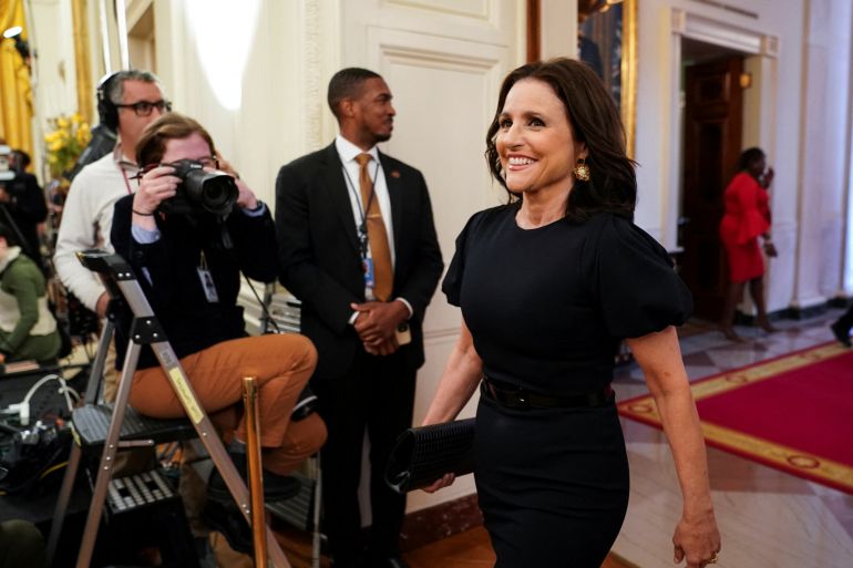 National Medal of Arts recipient Julia Louis-Dreyfus arrives prior to U.S. President Joe Biden hosting the presentation of the 2021 National Medals of Arts in conjunction with the 2021 National Humanities Medals during a ceremony in the East Room at the White House in Washington, U.S., March 21, 2023. REUTERS/Kevin Lamarque