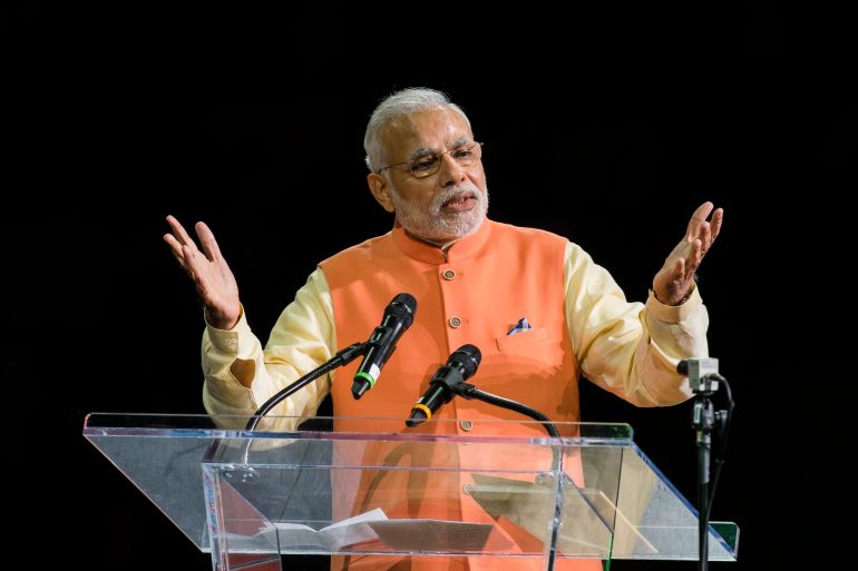 India's Prime Minister Narendra Modi speaks at Madison Square Garden in New York, during his visit to the United States, September 28, 2014. REUTERS/Lucas Jackson (UNITED STATES - Tags: POLITICS TPX IMAGES OF THE DAY)