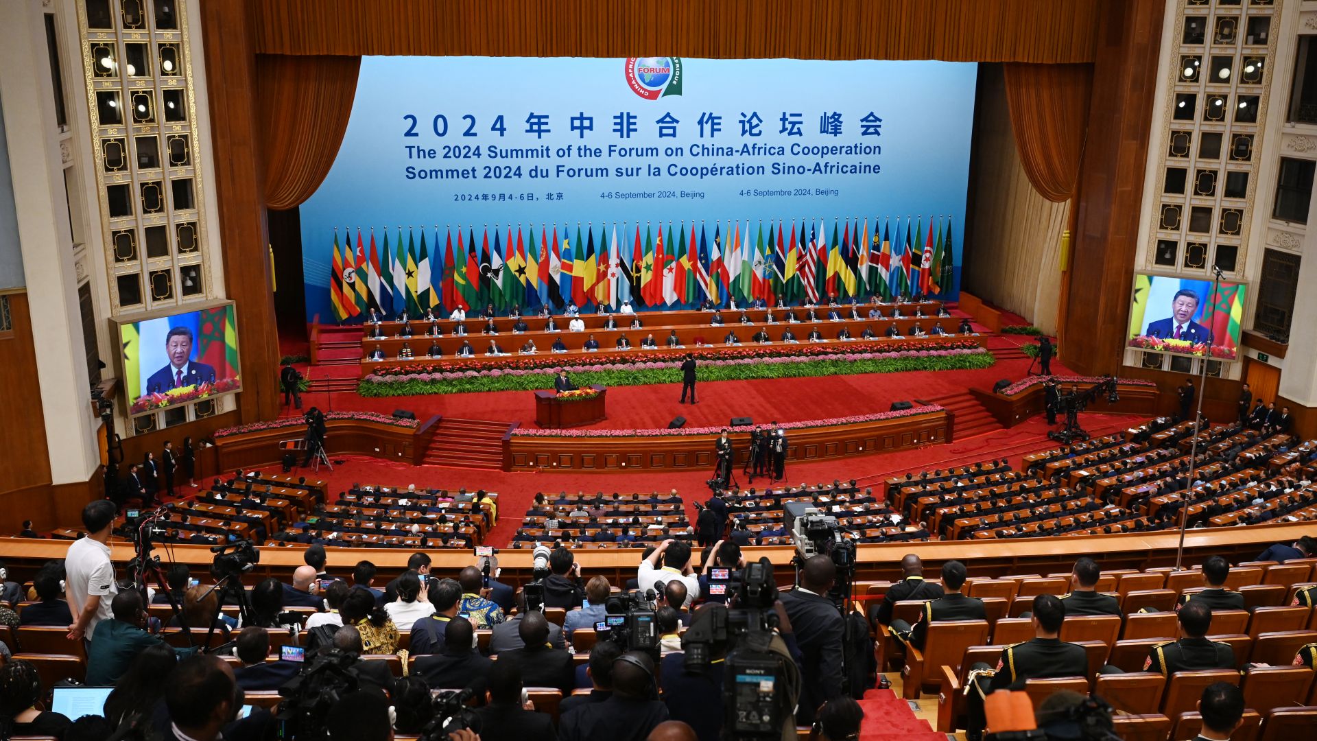 China's President Xi Jinping (C) speaks at the opening ceremony of the Forum on China-Africa Cooperation (FOCAC) at the Great Hall of the People in Beijing on September 5, 2024. (Photo by GREG BAKER / AFP)