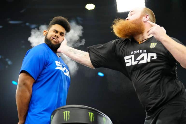 las vegas, nv - may 24: (r-l) ron "wolverine" bata slaps damien "the bell" dibbell in a 5-round bout for power slap 2 - wolverine vs bell on may 24, 2023, at ufc apex in las vegas, nv. (photo by louis grasse/pximages/icon sportswire via getty images)