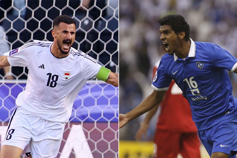 كومبو من اليمين: Yousef Al-Salem (L) of Saudi Arabia's Al-Hilal celebrates after scoring a goal against Iran's Persepolis during their AFC Champions League soccer match at King Fahd stadium in Riyadh on May 26, 2015. REUTERS/Faisal Al Nasser ثم Soccer Football - AFC Asian Cup - Group D - Iraq v Vietnam - Jassim bin Hamad Stadium, Al Rayyan, Qatar - January 24, 2024 Iraq's Ayman Hussein celebrates scoring their second goal REUTERS/Ibraheem Al Omari