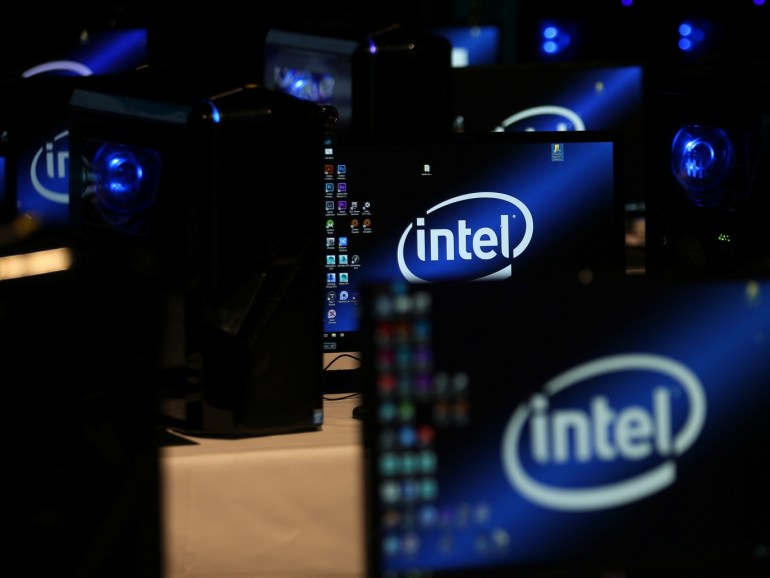 The Intel logo is displayed on computer screens at SIGGRAPH 2017 in Los Angeles, California, U.S. July 31, 2017. REUTERS/Mike Blake