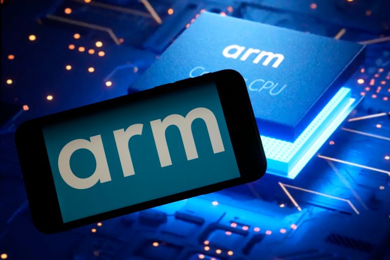 The logo for chip designer Arm and an Arm webpage are shown in this photo, in New York, Wednesday, Sept. 6, 2023. Shares in the company are expected to start trading on Thursday. (AP Photo/Richard Drew)