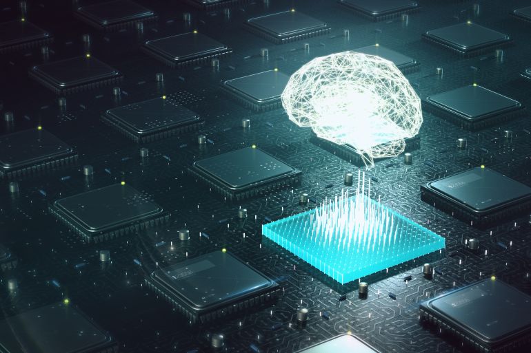 Machine learning , artificial intelligence, ai, deep learning blockchain neural network concept. Brain made with shining wireframe above multiple blockchain cpu on circuit board 3d render.