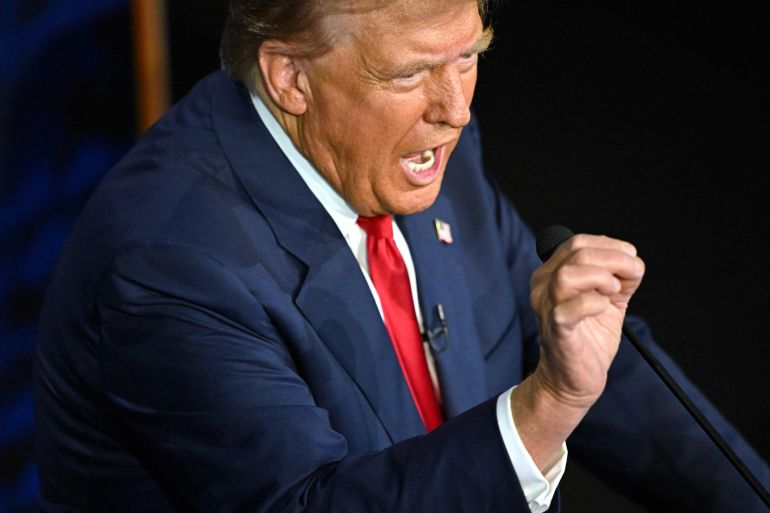 TOPSHOT - Former US President and Republican presidential candidate Donald Trump speaks during a presidential debate with US Vice President and Democratic presidential candidate Kamala Harris at the National Constitution Center in Philadelphia, Pennsylvania, on September 10, 2024. (Photo by SAUL LOEB / AFP)