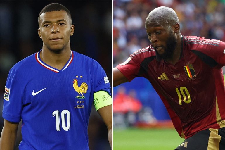 Soccer Football - Euro 2024 - Round of 16 - France v Belgium - Dusseldorf Arena, Dusseldorf, Germany - July 1, 2024 Belgium's Romelu Lukaku in action with France's Aurelien Tchouameni REUTERS/Thilo Schmuelgen Soccer Football - Nations League - League A - Group 2 - France v Italy - Parc des Princes, Paris, France - September 6, 2024 France's Kylian Mbappe looks dejected after the match REUTERS/Christian Hartmann