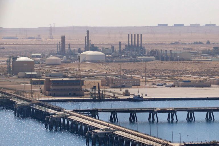 A picture taken on September 24, 2020 shows the Brega oil port in Marsa Brega, some 270kms west of Libya's eastern city of Benghazi. Libya’s state oil firm lifted force majeure on what it deemed secure oil ports and facilities on September 20, a day after strongman Khalifa Haftar said he was lifting a blockade on oilfields and ports. The blockade, which has resulted in more than $9.8 billion in lost revenue according to the state-run National Oil Corporation (NOC), has exacerbated electricity and fuel shortages in the country. / AFP / -