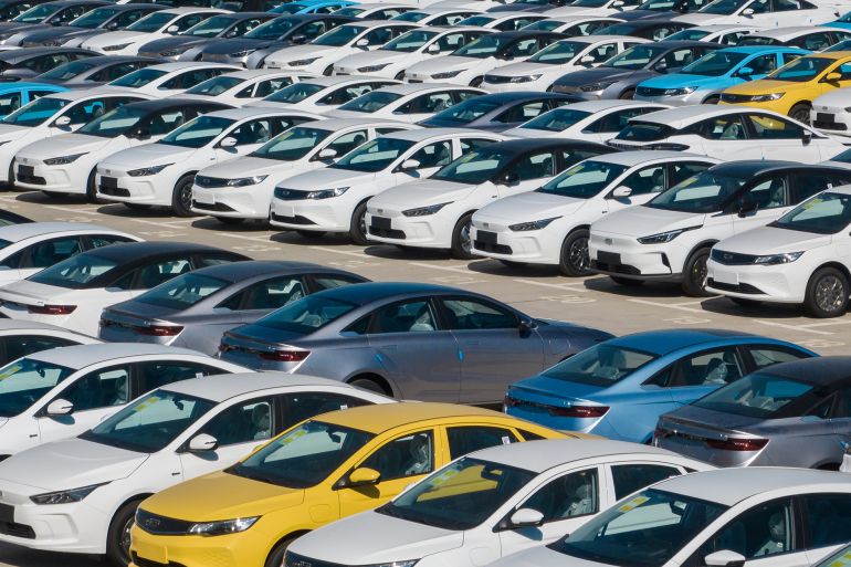 JINZHONG, CHINA - SEPTEMBER 07: Aerial view of new electric cars sitting parked at a parking lot of Geely's Jinzhong manufacturing facility on September 7, 2022 in Jinzhong, Shanxi Province of China. (Photo by VCG/VCG via Getty Images)