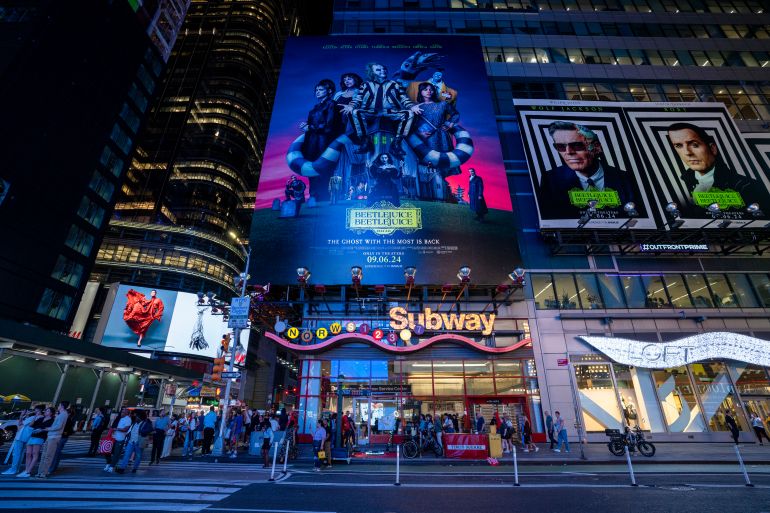 NEW YORK, NEW YORK - SEPTEMBER 04: A "Beetlejuice Beetlejuice" billboard is seen at night in Times Square on September 04, 2024 in New York City. (Photo by Craig T Fruchtman/Getty Images)