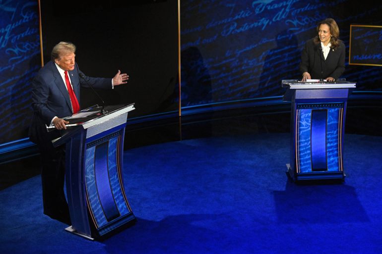 Former US President and Republican presidential candidate Donald Trump speaks during a presidential debate with US Vice President and Democratic presidential candidate Kamala Harris at the National Constitution Center in Philadelphia, Pennsylvania, on September 10, 2024. (Photo by SAUL LOEB / AFP)