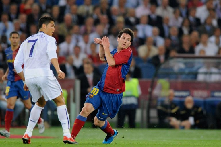 ROME, ITALY - MAY 27: Cristiano Ronaldo (R) of Manchester United FC and Lionel Messi of Barcelona during the UEFA Champions League Final match between Barcelona and Manchester United at the Stadio Olimpico on May 27, 2009 in Rome, Italy. (Photo by Claudio Villa/Getty Images)