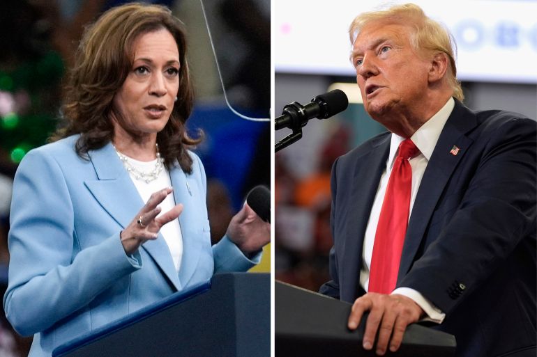 كومبو هاريس وترامب Trump Harris This combination of photos taken at campaign rallies in Atlanta shows Vice President Kamala Harris on July 30, 2024, left, and Republican presidential candidate former President Donald Trump on Aug. 3. (AP Photo)