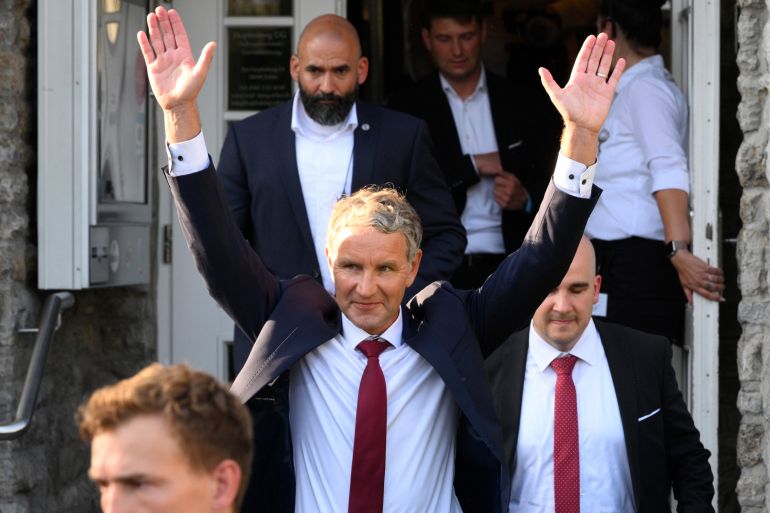 02 September 2024, Thuringia, Erfurt: RECROP - Björn Höcke (AfD, M), party and parliamentary group leader of the AfD in Thuringia and top candidate, leaves the AfD election party. The election party took place in Thuringia on Sunday. Photo: Daniel Vogl/dpa (Photo by Daniel Vogl/picture alliance via Getty Images)