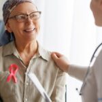 Pink ribbon for breast cancer awareness. Female patient listening to doctor in medical office. Support people living with tumor illness.