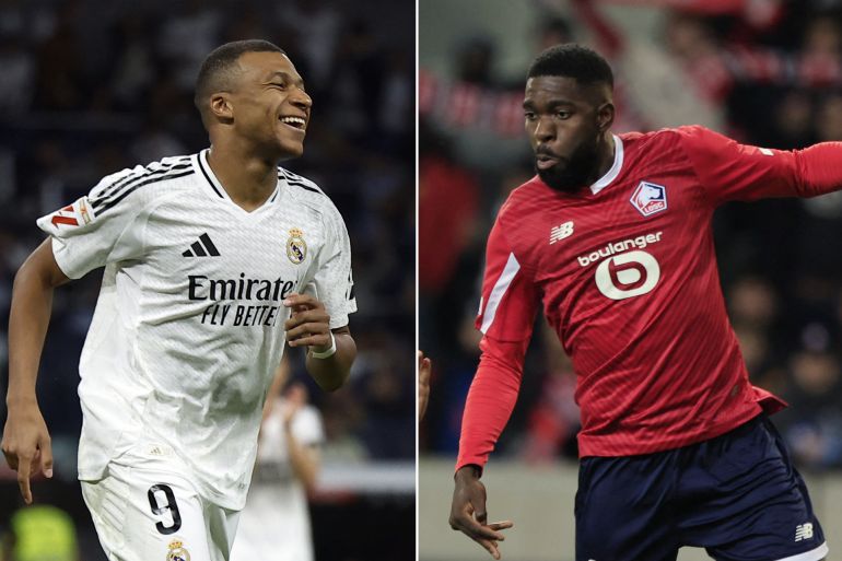 كومبو من اليمين soccer football - europa conference league - group a - lille v klaksvik - stade pierre-mauroy, villeneuve-d'ascq, france - december 14, 2023 lille's samuel umtiti in action with klaksvik's jakup andreasen reuters/pascal rossignol ثم soccer football - laliga - real madrid v espanyol - santiago bernabeu, madrid, spain - september 21, 2024 real madrid's kylian mbappe celebrates scoring their fourth goal reuters/juan medina